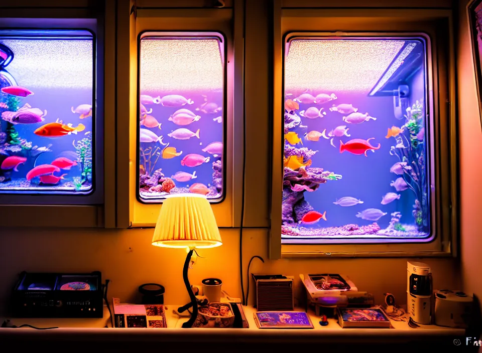 Image similar to telephoto 7 0 mm f / 2. 8 iso 2 0 0 photograph depicting the feeling of chrysalism in a cosy cluttered french sci - fi ( art nouveau ) cyberpunk apartment in a pastel dreamstate art cinema style. ( aquarium, computer screens, window ( city ), leds, lamp, ( ( ( aquarium bed ) ) ) ), ambient light.