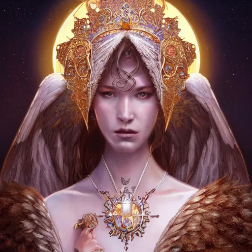 Image similar to A beautiful digital painting of a female Seraphim full of jewels, princess, the moon behind her, intricate, cinematic lighting, highly detailed, digital painting, Artstation, concept art, smooth, sharp focus, illustration, art by Tom Bagshaw, Artgerm and Greg Rutkowski