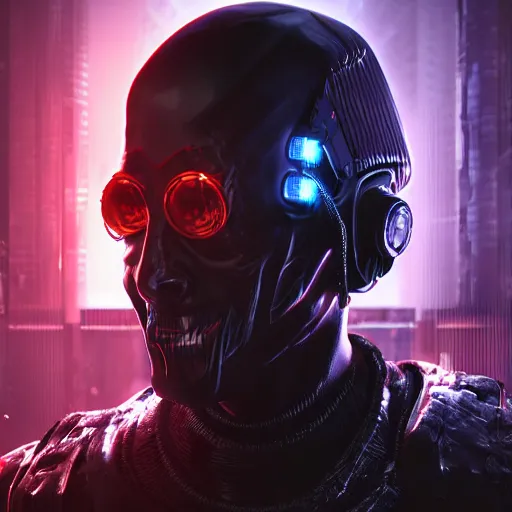 Image similar to evil cyberpunk dark lord, highly detailed, photorealistic portrait, bright studio setting, studio lighting, crisp quality and light reflections, unreal engine 5 quality render