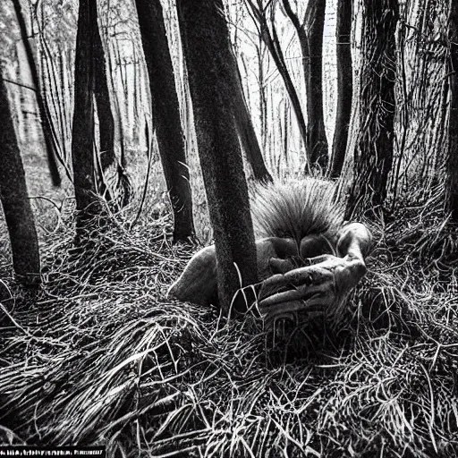 Prompt: horror, photography, cinematic, a pale creeping tangle of human limbs with tufts of hair and deformed features, emerges from the edge of a forest into a field, disturbing, unsettling