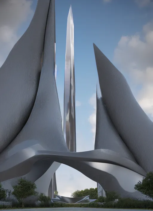 Image similar to highly detailed realistic architecture 3 d render of a huge high futuristic metallic stele sculpture in zaha hadid style standing in city park, archdaily, made in unreal engine 4