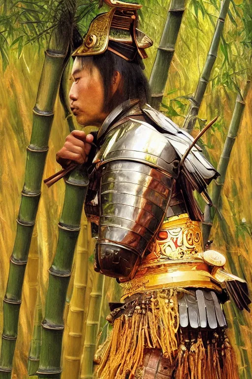 Image similar to close up of samurai warrior in full armor, in a bamboo forest, by vladimir volegov and alexander averin and delphin enjolras and daniel f. gerhartz