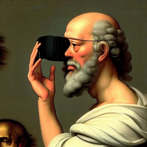 Image similar to socrates wearing a virtual reality headset, renaissance painting