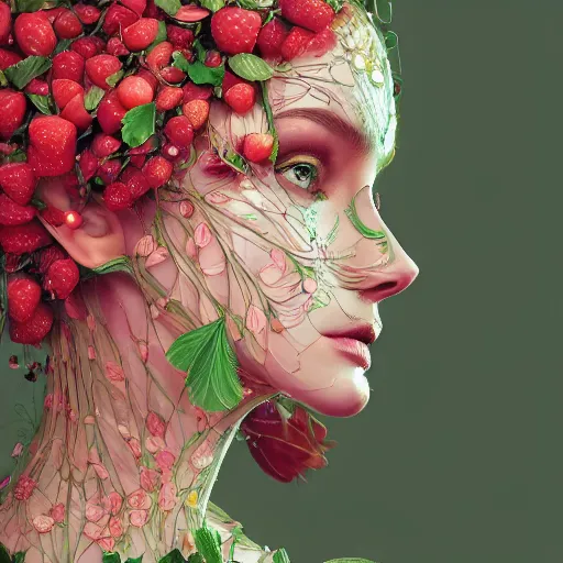 Image similar to the portrait of an absurdly beautiful, graceful, elegant, sophisticated woman made of strawberries and green petals, an ultrafine hyperdetailed illustration by irakli nadar, intricate linework, bright colors, octopath traveler, final fantasy, unreal engine 5 highly rendered, global illumination, radiant light, detailed and intricate environment