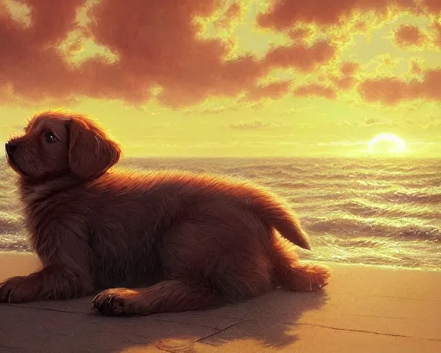 Image similar to a cute puppy with its eyes closed on a very windy day, at the sea,, wind blowing through its fur, highly detailed, hyperrealistic, intricate, sunset in the background, rays of golden red sunlight, oil painting by greg rutkowski and artgerm and wlop