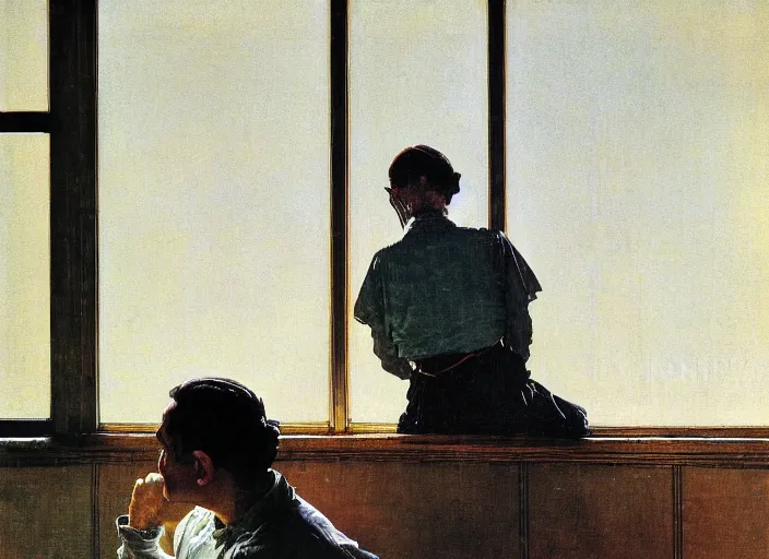 Image similar to a laughing man sitting by the window, a slim woman in the background, norman rockwell