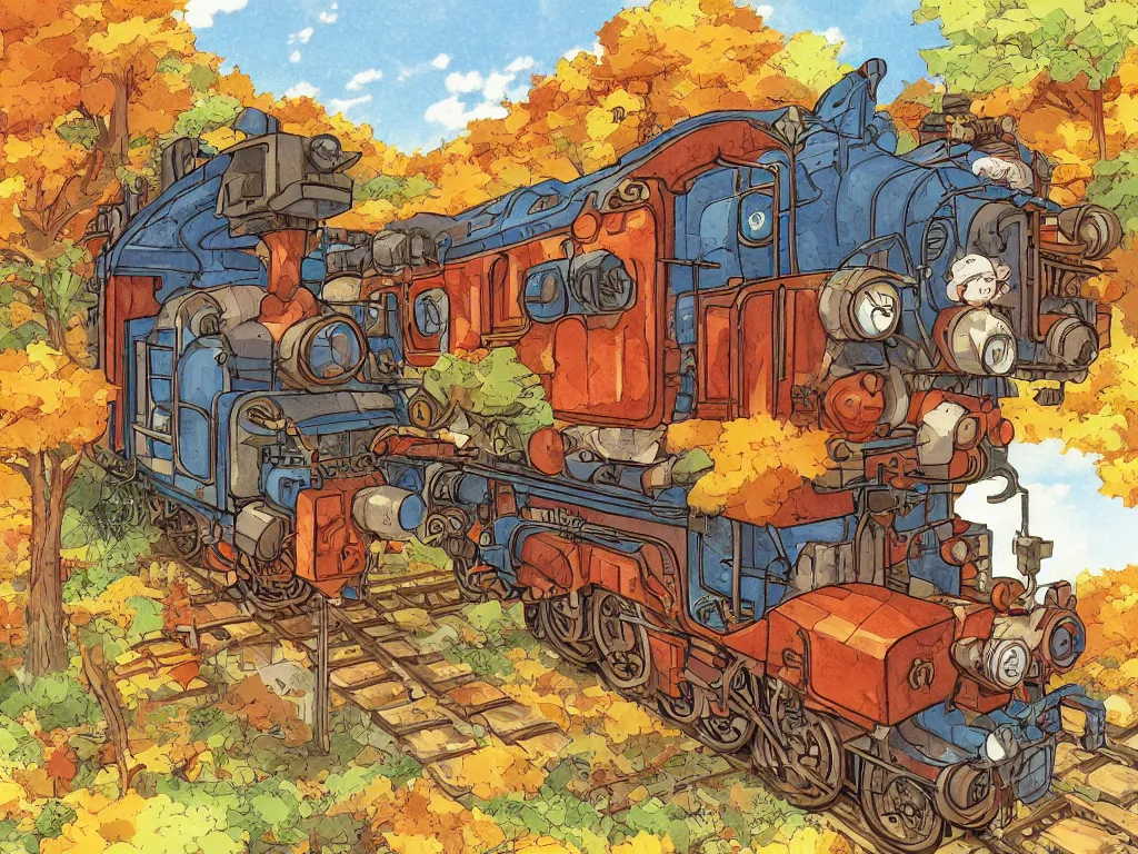 Image similar to cross - section close - up sideview of a anime train, autumn light, colorful, nausicaa of the valley of the wind, beautiful, by studio ghibli, digital art, concept art, manga, cute and adorable, illustration