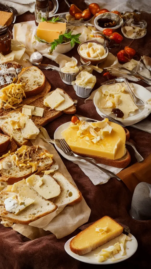 Image similar to 7 0 s food photography of an opulent spread of cheese on toast, on a velvet table cloth, soft focus