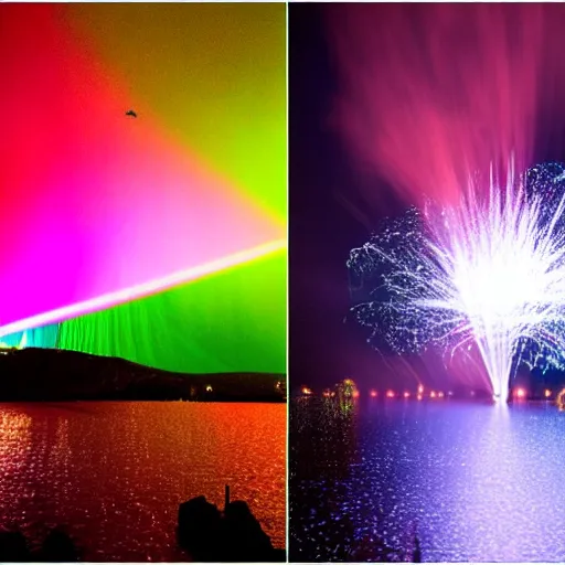 Image similar to collage, lasers and smoke over a lake in the nightime