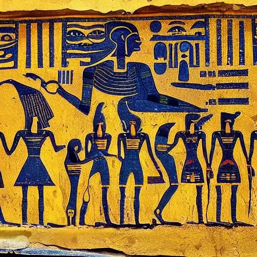 Prompt: aliens painting on a ancient egypt wall