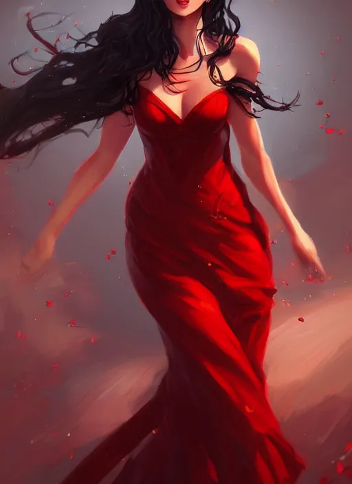 Image similar to a highly detailed illustration beautiful long black haired woman wearing red dress, elegant smiling pose, perfect face, perfect body, intricate, elegant, highly detailed, centered, digital painting, artstation, concept art, smooth, sharp focus, league of legends concept art, wlop