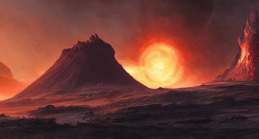 Prompt: A large, dark volcanic planet with shadows coming out of it, concept art by Doug Chiang cinematic, realistic painting, high definition, very detailed, extremely high detail, photo realistic, concept art, the Mandalorian concept art style