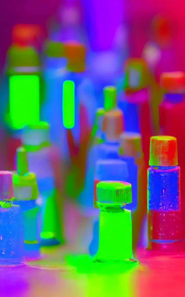 Image similar to a set of paint vials full of fluorescent neon dye on top of a color scientist's lab bench, sci - fi, concept art, in the style of max chroma colorists