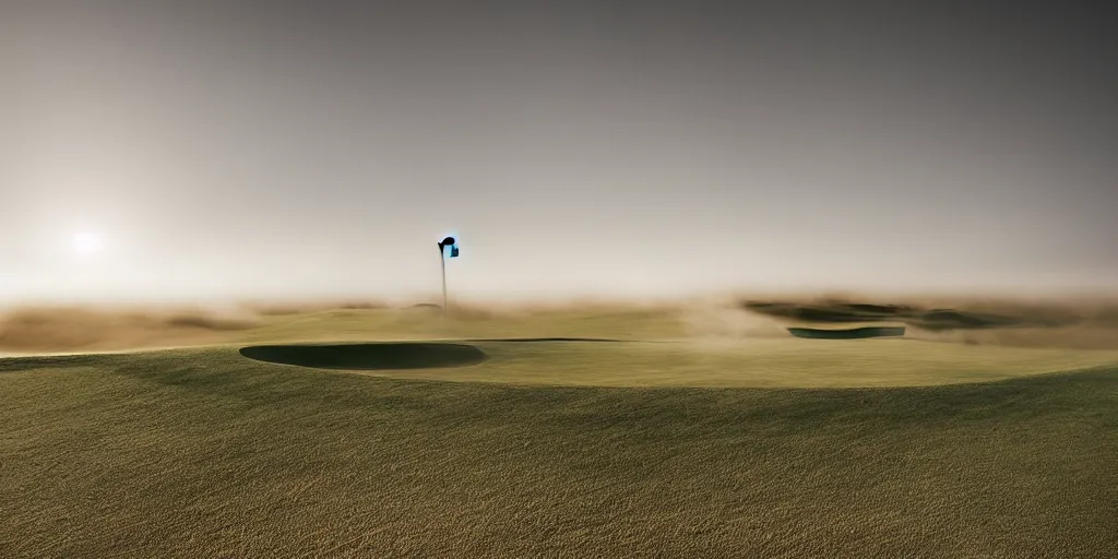 Image similar to a great photograph of the most amazing golf hole in the world, in the sahara desert, ambient light, golf digest, top 1 0 0, fog