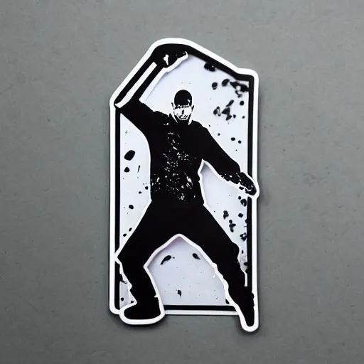 Image similar to die cut sticker, walter white breakdancing in techwear splatter paint