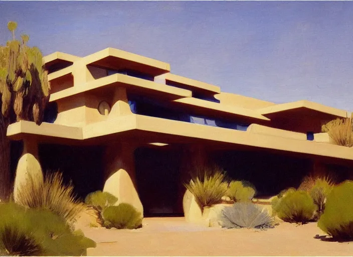 Prompt: painting of a frank lloyd wright house in the california desert by john singer sargent