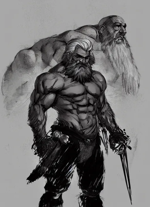 Image similar to Full body portrait of an old muscular man with white hair and black beard wearing bear skin. In style of Yoji Shinkawa and Hyung-tae Kim, trending on ArtStation, dark fantasy, great composition, concept art, highly detailed.