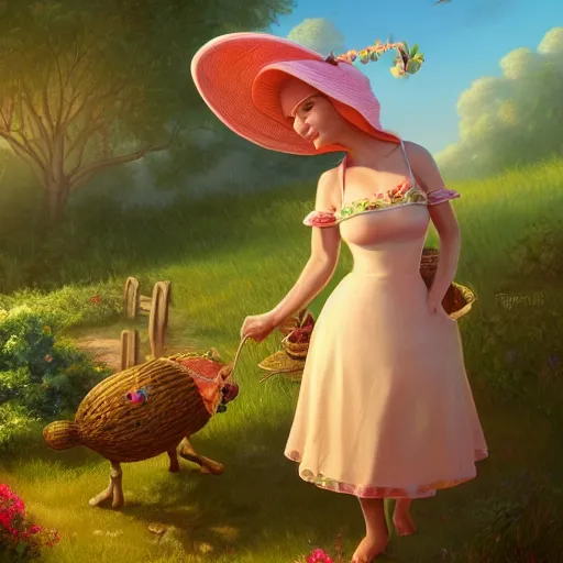 Image similar to an anthropomorphic piggy wearing a sundress and a sunhat, garden, summer, 8k resolution matte fantasy painting, cinematic lighting, DeviantArt, Artstation, Jason Felix Steve Argyle Tyler Jacobson Peter Mohrbacher