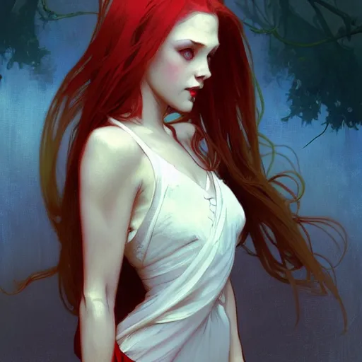 Prompt: portrait of a beautiful young fit girl vampire with long blonde hair and blue eyes feeding on her victim, wearing a skirt, by greg rutkowski and alphonse mucha, d & d character, gradient white to red, modern nocturnal background, highly detailed portrait, digital painting, artstation, concept art, smooth, sharp focus ilustration, artstation hq