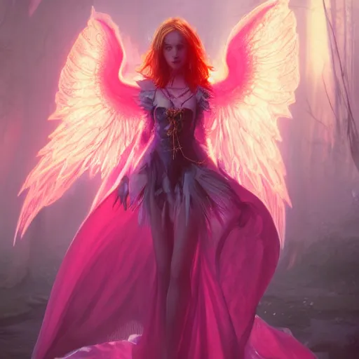 Prompt: young vampire princess with burning wings in a pink castle 4 k high definition gorgeous dramatic lighting artstation trending path traced contrast light and dark cinematic breathtaking by hughes, edward robert, noriyoshi ohrai and hans zatzka