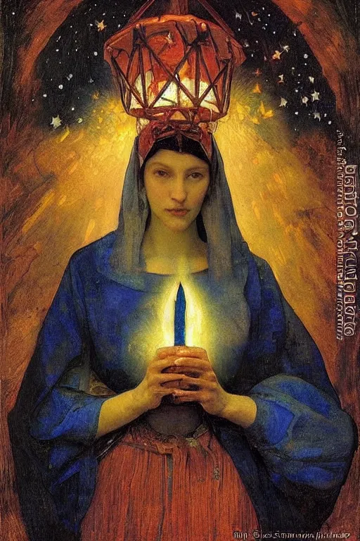 Prompt: queen of the darkness with her lantern and her stars, by Annie Swynnerton and Nicholas Roerich and Vermeer, strong dramatic cinematic lighting , ornate headdress , lost civilizations, smooth, sharp focus, extremely detailed