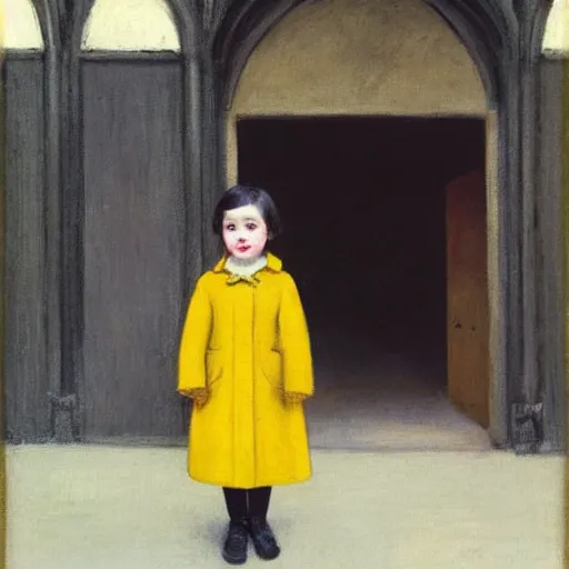 Prompt: a painting of a little girl with short black hair and wearing a yellow coat alone in the inner courtyard of an abbey by hopper