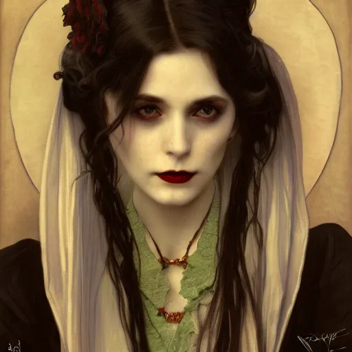 Prompt: portrait of a lady vampire, 35mm, victorian, depth of field, ominous, sharp, highly detailed, photorealistic, realistic, unreal 5, high definition, 8k, deviantart, irwin penn, Alphonse Mucha