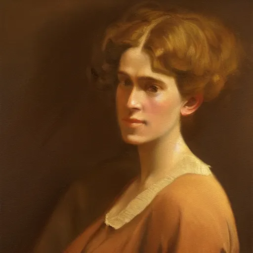 Image similar to a painting of a woman in a brown dress, a portrait by Jeanne du Maurier, cgsociety, american barbizon school, studio portrait, oil on canvas, chiaroscuro