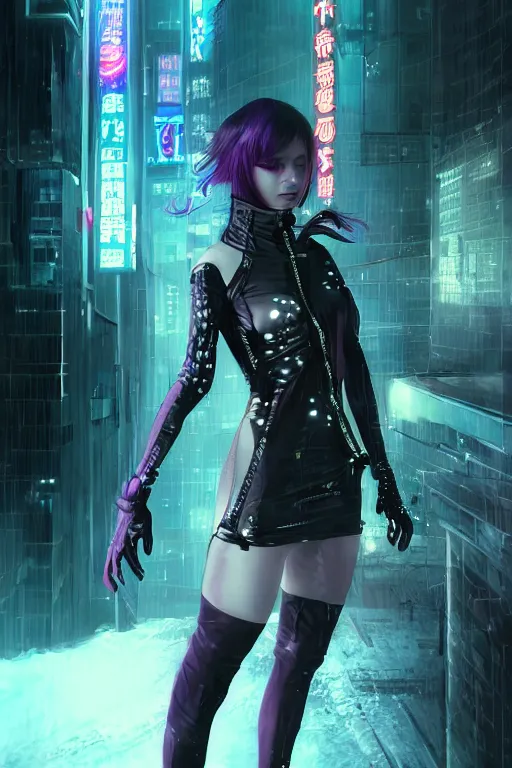 Prompt: portrait futuristic devilish cyberpunk young female Assassin, in futuristic stormy heavy snowy tokyo rooftop cyberpunk night, ssci-fi, fantasy, intricate, very very beautiful, elegant, neon light, highly detailed, digital painting, concept art, human anatomy, soft light, hdri, smooth, sharp focus, illustration, art by tian zi and craig mullins and WLOP and alphonse mucha