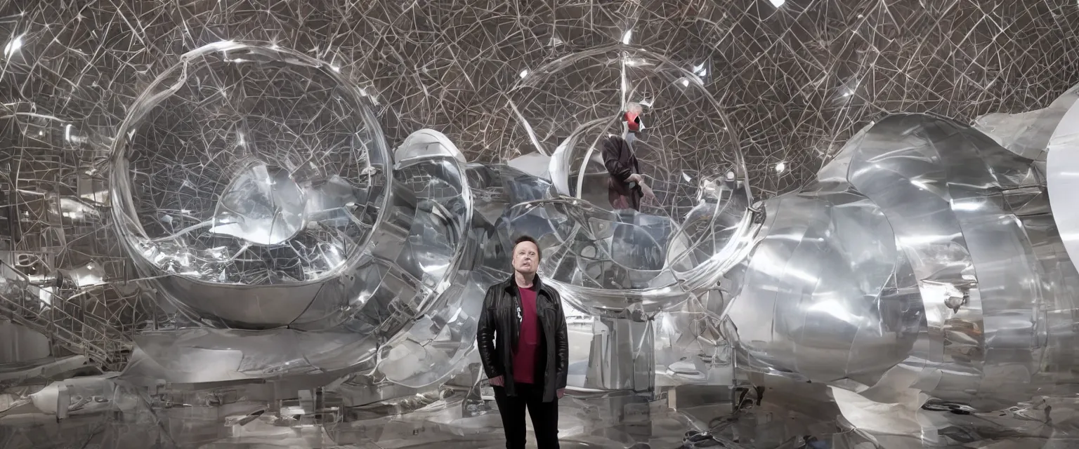 Image similar to elon musk standing on mars in a bio dome with a stainless steal star ship behind him