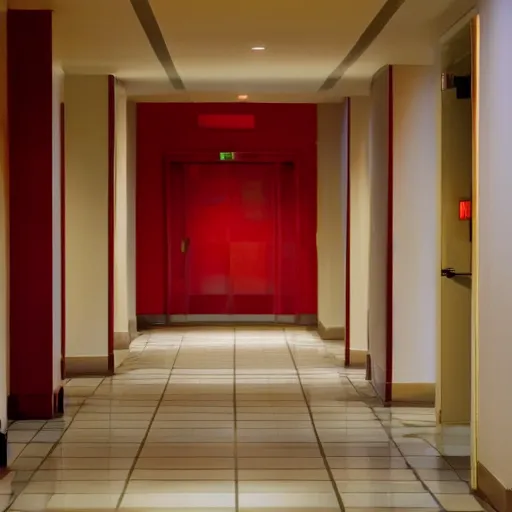 Prompt: An empty hotel hallway, the walls are red and yellow, liminal space