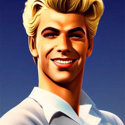 Prompt: a portrait of a beautiful blonde male from Grease (1978), smiling, Edward Hopper style, clear eyes, illustration, soft lighting, soft details, painting oil on canvas, octane render, HDR, trending on artstation, 4k, 8k, HD