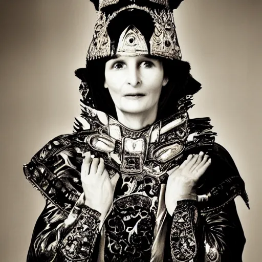 Image similar to Juliette Binoche wearing Mongolian armor, portrait, fashion photography, by Hedi Slimane