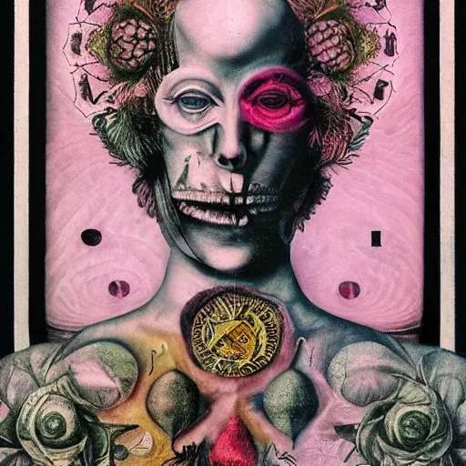 Image similar to post - punk new age album cover, asymmetrical design, frame of a dollar bank notes, capitalism, magic, apocalypse, psychedelic, black white pink, magic, giger h. r., giuseppe arcimboldo