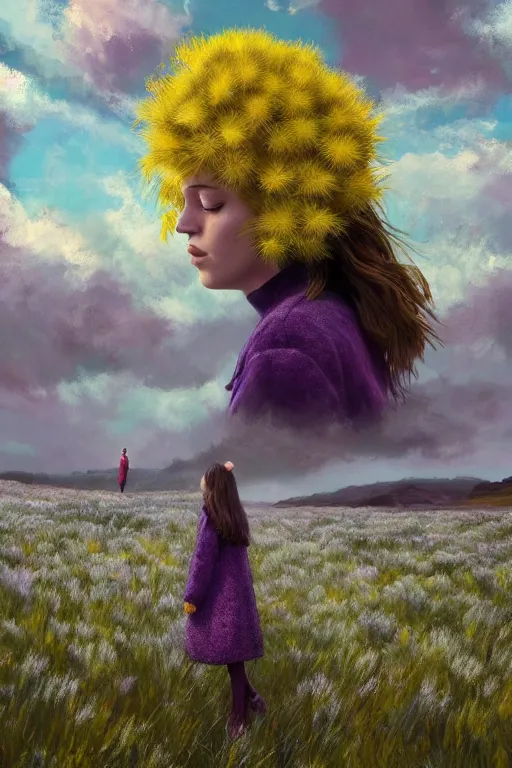 Prompt: portrait, enormous thistle flower as head, a girl wearing coat in heather field, surreal photography, wind and cold, dramatic sky, impressionist painting, digital painting, artstation, simon stalenhag