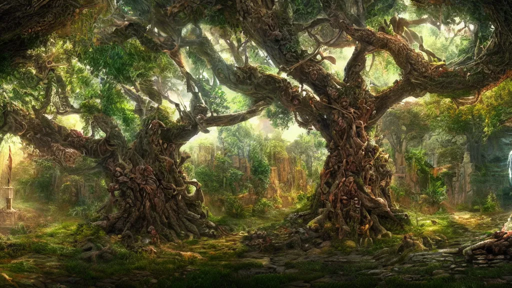 Prompt: fantasy tree of life in garden of eden, hd, hdr, cinematic 4k wallpaper, 8k, ultra detailed, high resolution, artstation