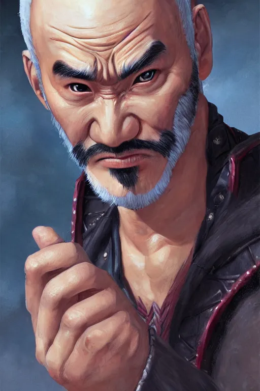 Image similar to a full body high detail fantasy portrait oil painting illustration of heihachi mishima by justin sweet with face and body clearly visible, in a scenic background, pretty eyes, realistic proportions, d & d, rpg, forgotten realms, artstation trending, high quality, sombre mood, artstation trending, muted colours, entire person visible!