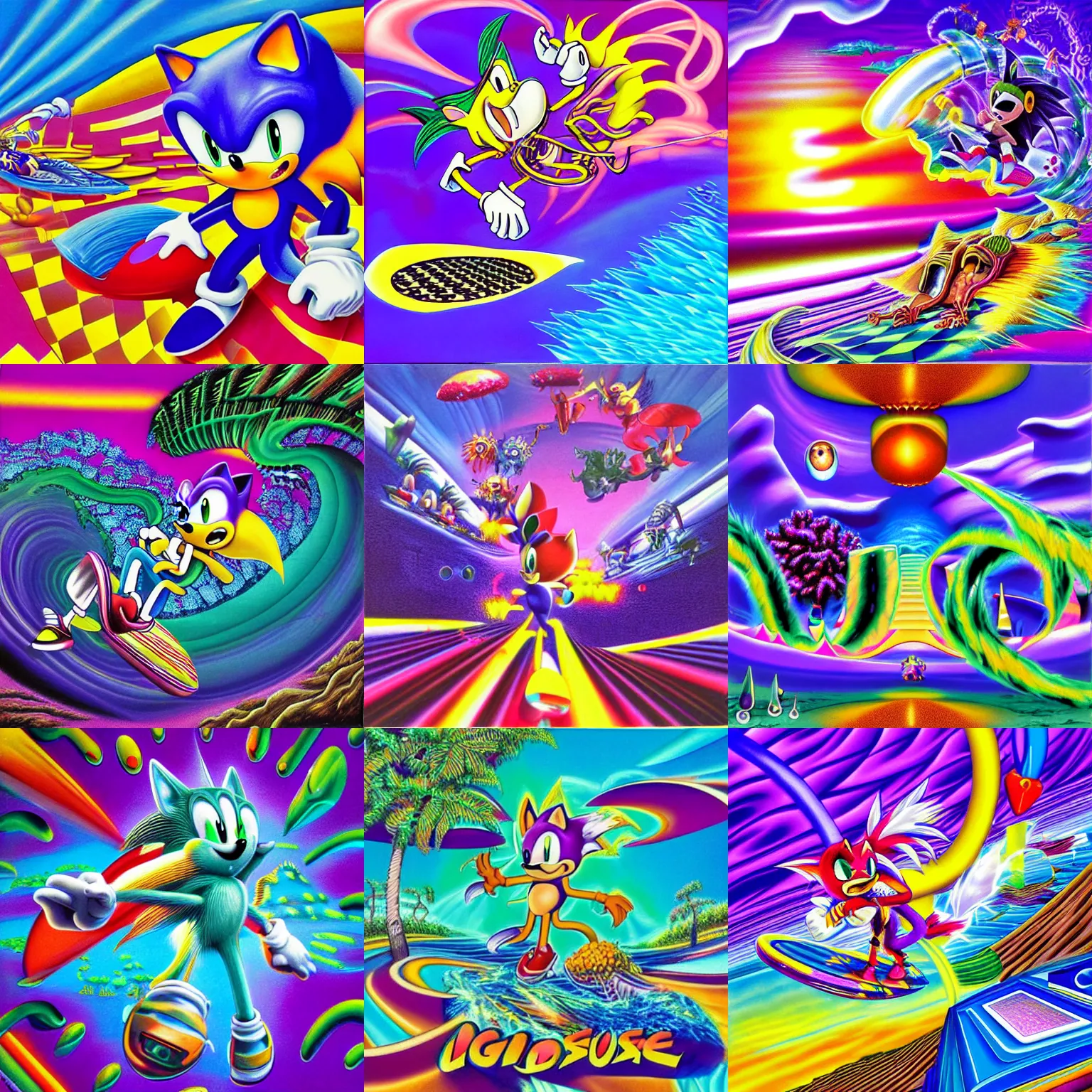 Prompt: surreal, detailed professional, high quality airbrush art mgmt album cover of a liquid dissolving airbrush art lsd dmt sonic the hedgehog surfing through cyberspace, purple checkerboard background, 1 9 8 0 s 1 9 8 2 sega genesis video game album cover