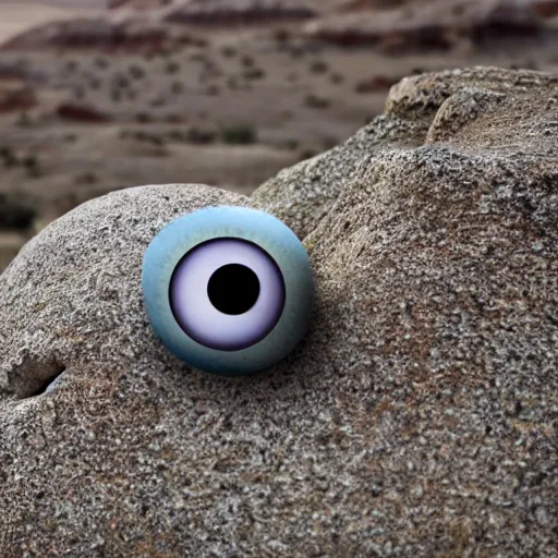 Image similar to a smooth stone that has 2 googly eyes. on a desert cliff with a blurry background.