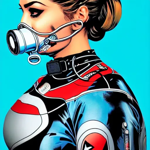 Prompt: portrait of a female diver with a oxygen mask intricate details mask by MARVEL comics and Sandra Chevrier