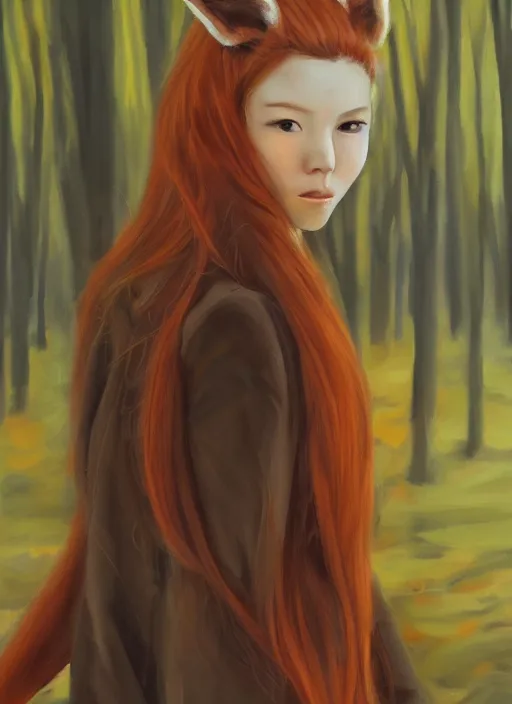 Image similar to portrait painting by tatsuki fujimoto, girl with fox ears, long wavy orange hair, light brown trenchcoat, forest background, focus on face, pretty, moody lighting, painterly