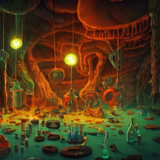 Image similar to these monsters are consumed by fire, yet they remain unharmed. they are surrounded by the tools of the alchemist's trade - beakers and test tubes full of colorful liquids, crystals, and books of ancient knowledge. the scene is suffused with an eerie glow, as if something magical is happening here. cinematic photorealistic