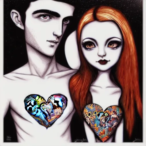 Image similar to perfectly centered symmetrical split male and female portrait of man and woman in love sharing one heart. art by jasmine becket griffith