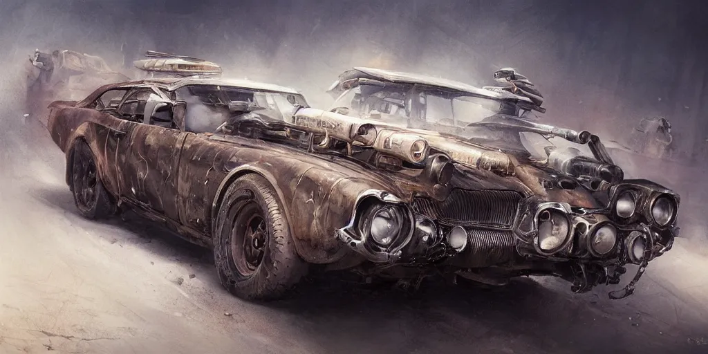 Image similar to full view of a car, intricate, elegant, highly detailed, digital painting, concept art, smooth, sharp focus, art style from Wang Ke and Greg Rutkowski and Bruce Kaiser and Scott Robertson and Dmitry Mazurkevich and Doruk Erdem and Jon Sibal, small style cue from Blade Runner and Mad Max