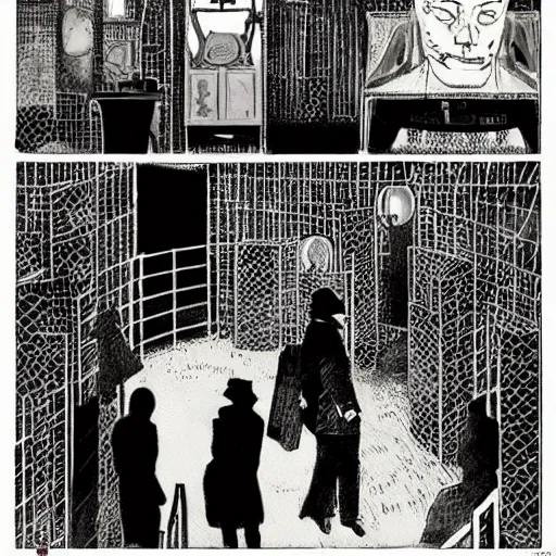 Prompt: by jacques tardi, by andrew boog faithfull subtle, fine isometric, scarlet. a beautiful performance art. i was born in a house with a million rooms, built on a small, airless world on the edge of an empire of light & commerce.