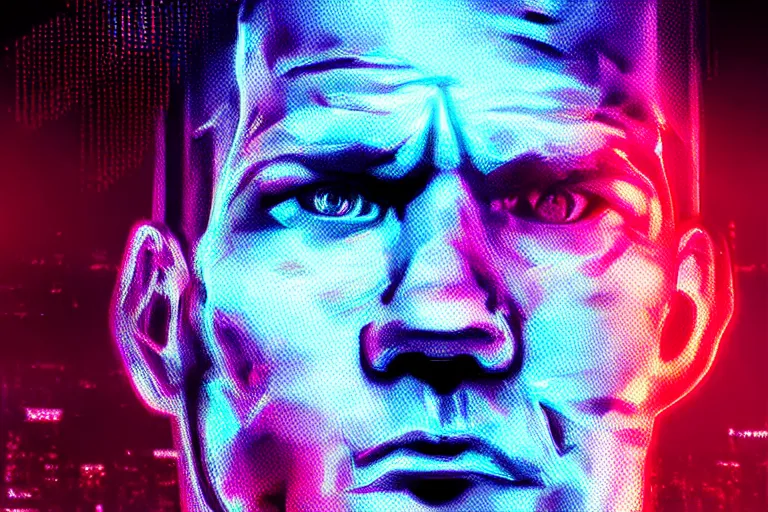 Prompt: a digital portrait of john cena, cyberpunk, glitchcore, synthwave art, artstation art, night, professional light