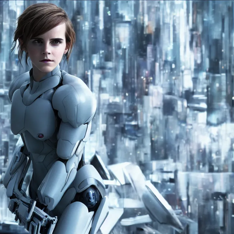 Image similar to scifi emma watson looks like ghost in the shell, extremely high detail, high detailed face, smiling woman, cyborg, photorealism, emma watson, sony a 7 r