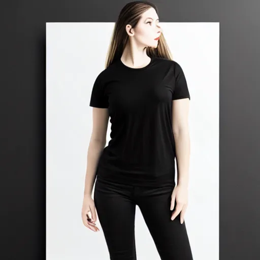 Image similar to clear photorealistic mockup product photograph of a blank black tshirt on an attractive female model in front of an indoor room background - h 7 0 4