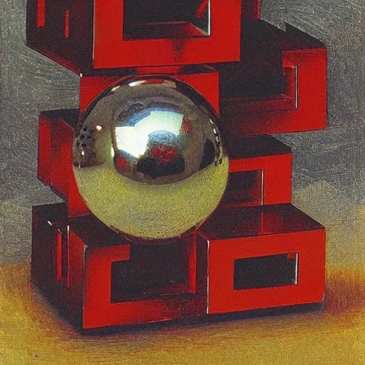 Prompt: chrome spheres on a red cube by viktor vasnetsov