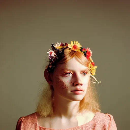 Image similar to 1970s studio portrait of a young beautiful blonde woman with freckles and flowers in her hair, cat eye makeup, medium format film color photography